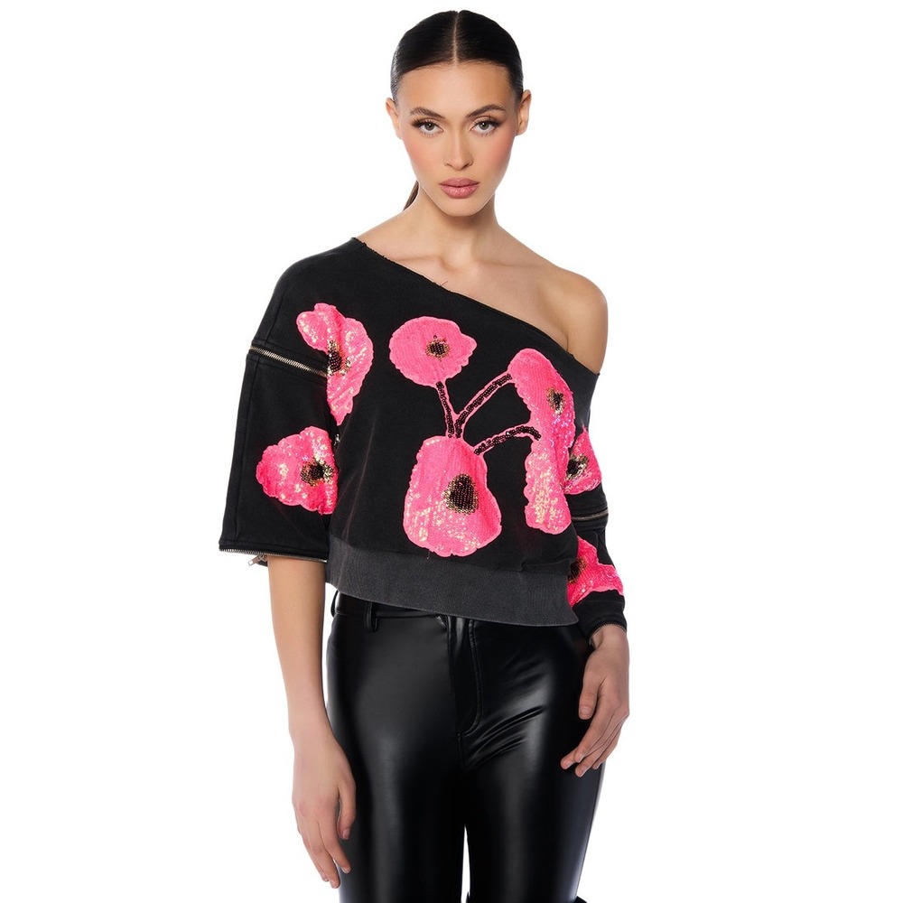 AKIRA Made You Look Oversized Sequin Neon Pink Floral Poppy Sweatshirt Sz L